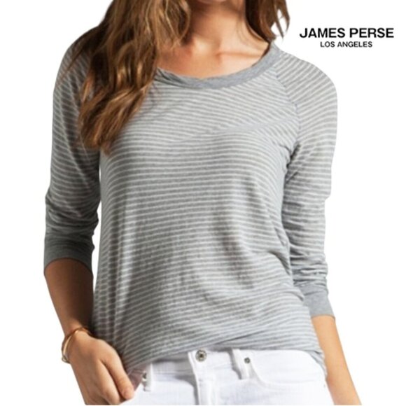 James Perse Striped 3/4 Sleeve Top Gray + White stripes Ragland Cut Size 2 (M) - Picture 1 of 16